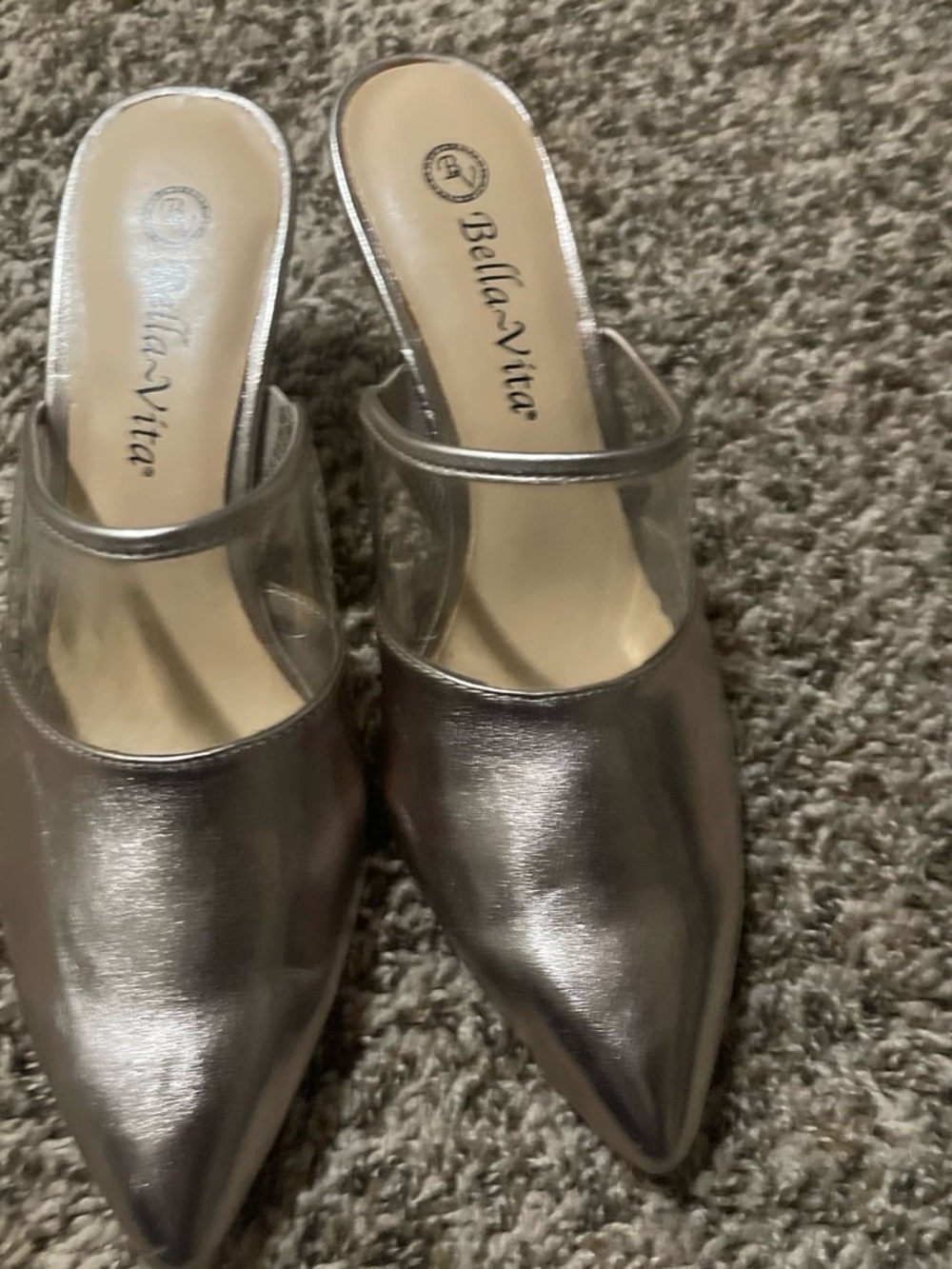 Bella Vita Silver Pointed Toe Clear Strap Mule